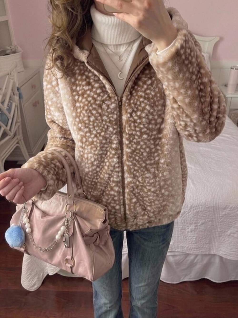 Deer Print Brown Zip-Front Jacket